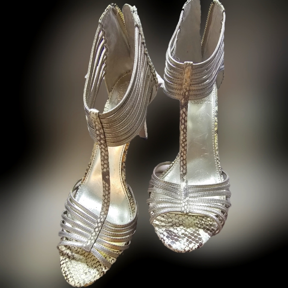 Vincent Camuto size 8.5 tan and gold strappy heels.